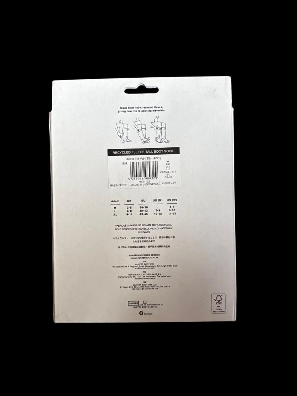 Hunter Original Tall Boot White Socks Size Medium New in Box